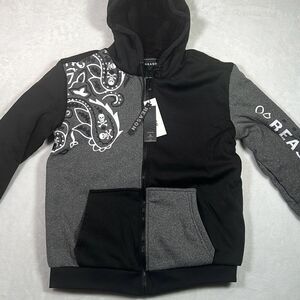 Reason brand full Zip Sherpa Sleeve‎ skull Print Hoodie sweater Men Large NWT